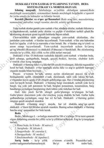 dukkakli yem-xashak o‘tlarining tavsifi. beda sistematikasi va morfologiyasi — DOCX