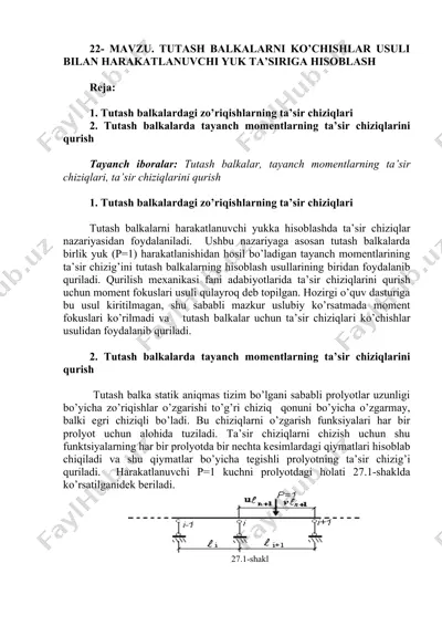 tutash balkalarni ko’chishlar usuli bilan harakatlanuvchi yuk ta’siriga hisoblash — DOCX