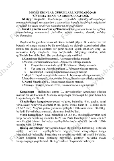 moyli ekinlar guruhlari. kungaboqar sistematikasi va morfologiyasi — DOCX
