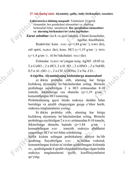 laboratoriya ishining maqsadi: talabalarni 13 guruh elementlar, bor guruhchasi elementlari va ularning birikmalari bilan tanishtirish — DOCX