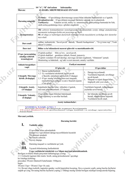 10-"a", “b” sinf uchun informatika mavzu: 41-dars. showmessage oynasi — DOCX