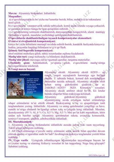 alyuminiy birikmalari. ishlatilishi. — PDF