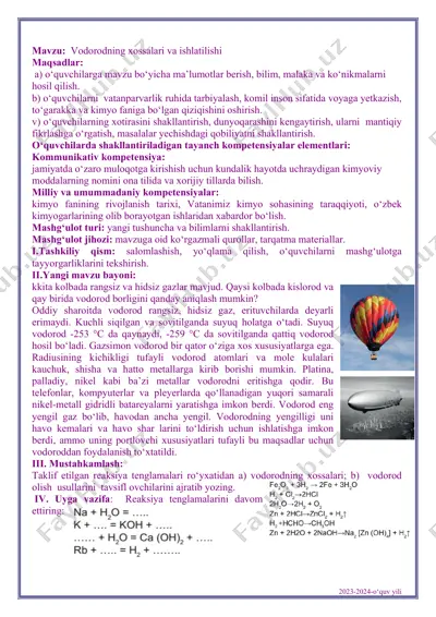 vodorodning xossalari va ishlatilishi — PDF