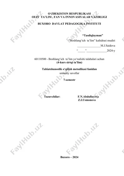 tabiatshunoslik o‘qitish metodikasi fanidan nazorat savollari — DOCX