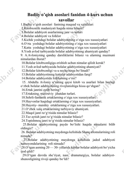 badiiy o’qish asoslari fanidan 4-kurs uchun savollar — DOCX