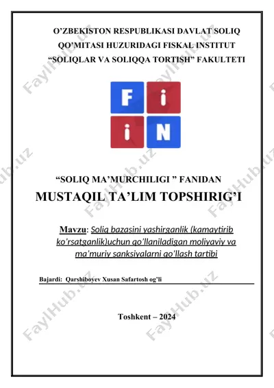 soliq bazasini yashirganlik (kamaytirib ko’rsatganlik)uchun moliyaviy va ma’muriy sanksiyalarni qo’llash tartibi — DOCX