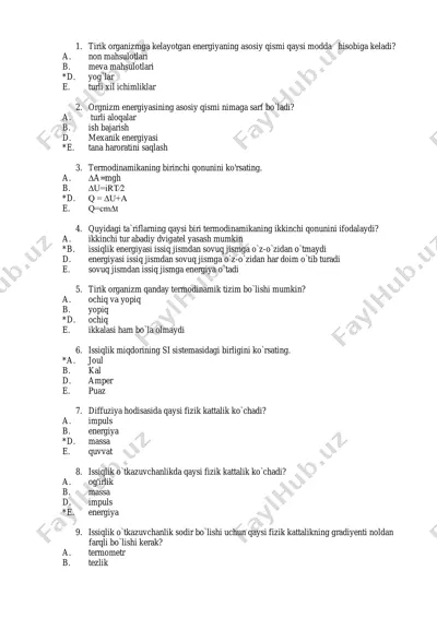 termodinamika va energiya mavzusidagi test savollari — PDF