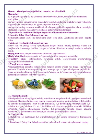 alkadiyenlarning olinishi, xossalari va ishlatilishi — PDF