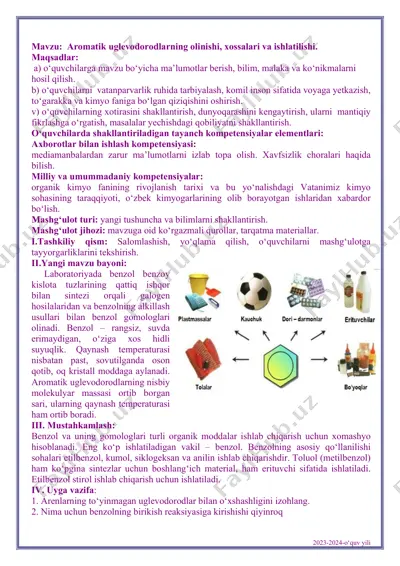 aromatik uglevodorodlarning olinishi, xossalari va ishlatilishi — PDF