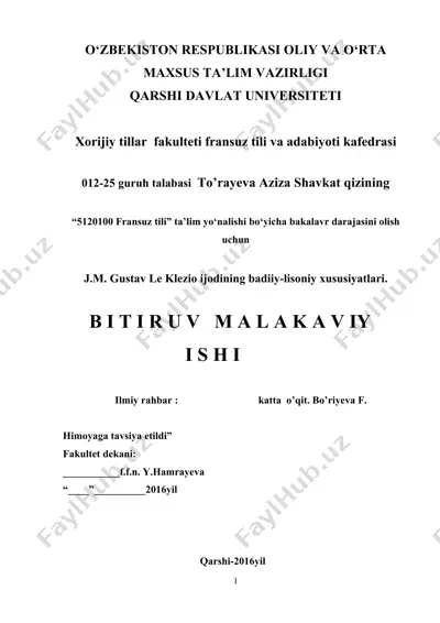 j.m. gustav le klezio ijodining badiiy-lisoniy xususiyatlari — DOC