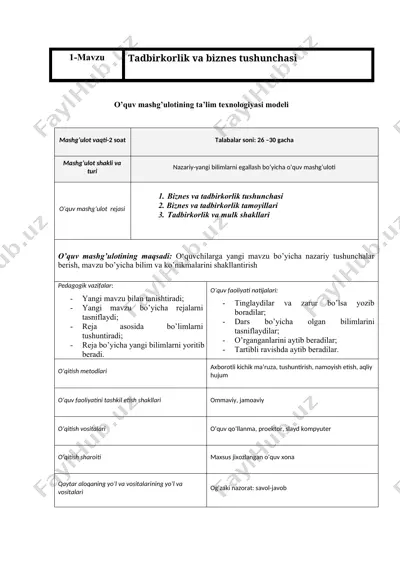 o’quv mashg’ulotining ta’lim texnologiyasi modeli — DOCX