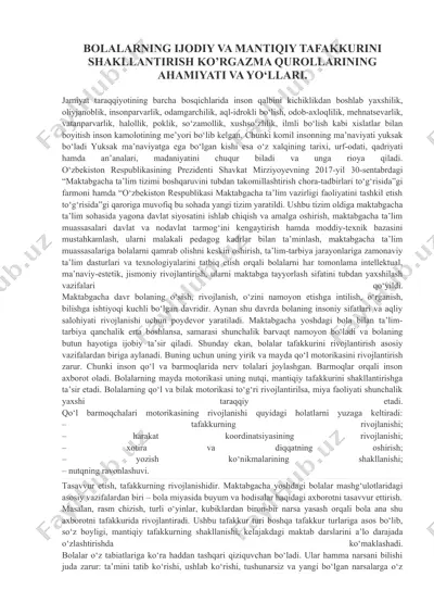 bolalarning ijodiy va mantiqiy tafakkurini shakllantirish ko‘rgazma qurollari — DOCX