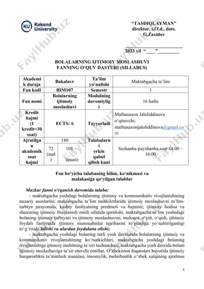 bolalarning ijtimoiy moslashuvi fanning o‘quv dasturi (sillabus) — DOCX