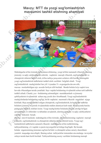 mtt da yozgi sog'lomlashtirish mavsumini tashkil etishning ahamiyati — DOCX