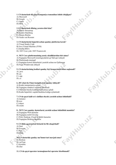 c# dasturlash tili haqida test savollari — DOCX