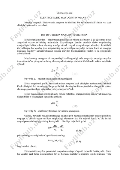 elektrostatik maydonni o'rganish laboratoriyasi — DOCX