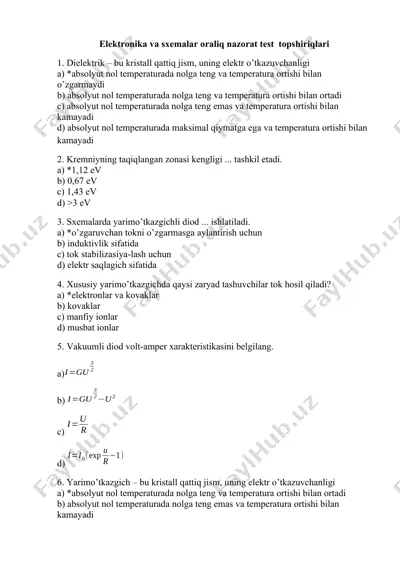 elektronika va sxemalar oraliq nazorat test topshiriqlari — DOCX