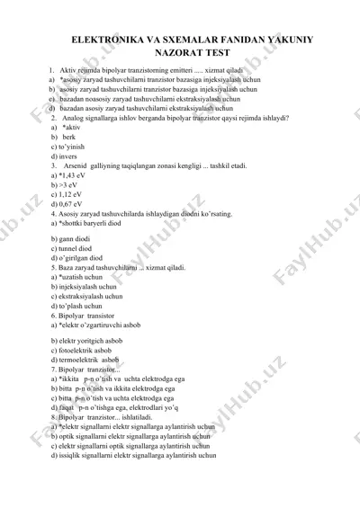 elektronika va sxemalar fanidan yakuniy nazorat test — PDF