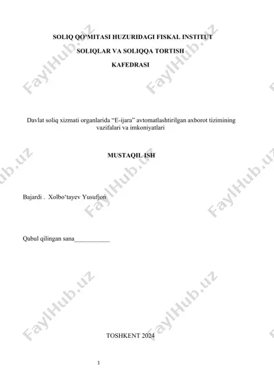 "soliq qo’mitasi huzuridagi fiskal institut soliqlar va soliqqa tortish kafedrasi" — DOCX