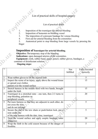 list of practical skills of hospital surgery — DOCX