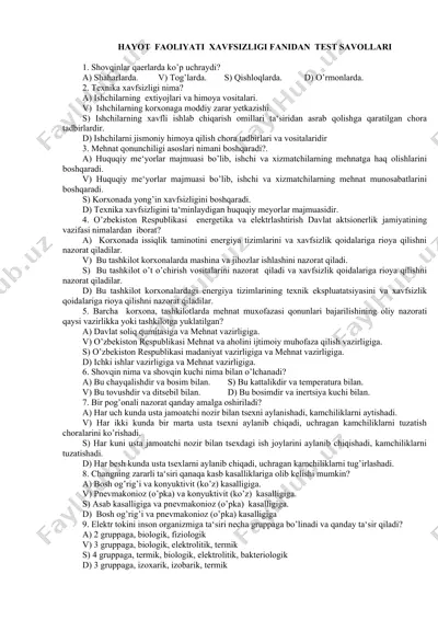 hayot fаоliyati хаvfsizligi fаnidan test savollari — DOCX