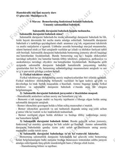 hamshiralik ishi fani nazariy dars — DOCX