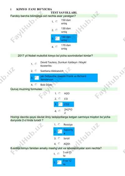 kimyo fani bo’yicha test savollari — DOCX