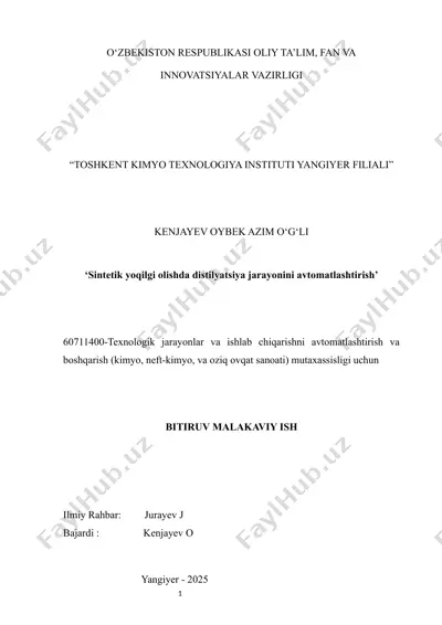 "sintetik yoqilgi olishda distilyatsiya jarayonini avtomatlashtirish" — DOCX