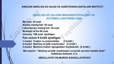 qishloq xo‘jaligini mexanizatsiyalash va avtomatlashtirish fani — PPT
