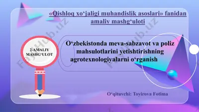 o‘zbekistonda meva-sabzavot va poliz mahsulotlarini yetishtirishning agrotexnologiyalarini o‘rganish («qishloq xo‘jaligi muhandislik asoslari» fanidan 2-amaliy mashg‘ulot) — PPTX