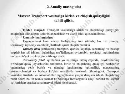 transport vositasiga kirish va chiqish qulayligini tahlil qilish — PPTX