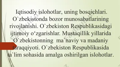 oʻzbekiston iqtisodiy islohotlari va bozor munosabatlari rivojlanishi — PPTX