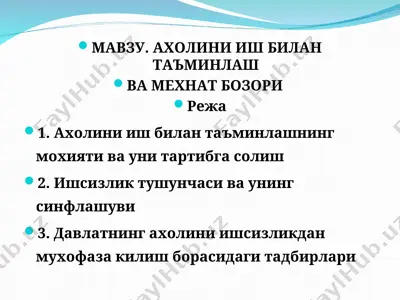 ахолини иш билан таъминлаш ва меҳнат бозори — PPT