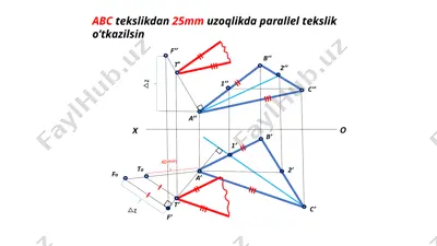 3-grafik topshiriq – abc tekislikdan 25 mm uzoqlikda parallel tekislik va n nuqta orqali o‘tuvchi tekislikning izlarini chizish — PPTX