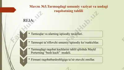 tarmoqdagi umumiy vaziyat va undagi raqobatning tahlili — PPTX