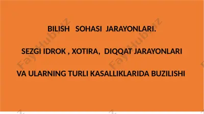 bilish sohasi jarayonlari: sezgi, idrok, xotira va diqqat jarayonlari hamda idrok patologiyalari — PPTX