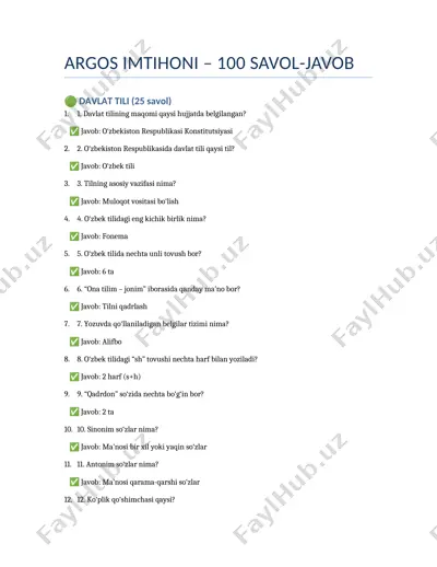 argos imtihoni – 100 savol-javob — DOCX