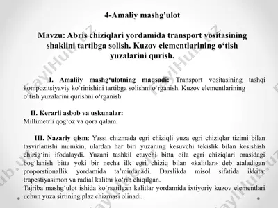 4-amaliy mashg‘ulot: abris chiziqlari yordamida transport vositasining shaklini tartibga solish va kuzov elementlarining o‘tish yuzalarini qurish — PPTX