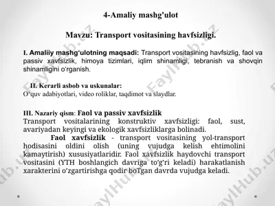 amaliy mashg‘ulot: transport vositasining xavfsizligi — PPTX