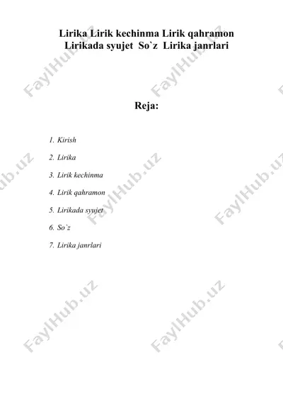 lirika lirik kechinma lirik qahramon lirikada syujet  so`z  lirika janrlari — DOC