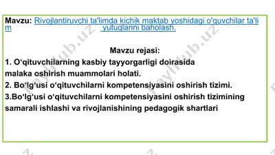 rivojlantiruvchi ta'limda kichik maktab yoshidagi o‘quvchilar ta’lim yutuqlarini baholash — PPTX