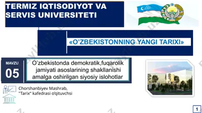 o’zbekistonda demokratik, fuqarolik jamiyati asoslarining shakllanishi va amalga oshirilgan siyosiy islohotlar — PPTX