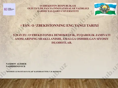 o‘zbekistonda demokratik, fuqarolik jamiyati asoslarining shakllanishi va amalga oshirilgan siyosiy islohotlar — PPT
