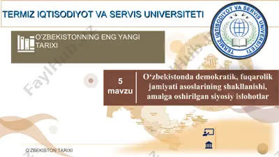 o‘zbekistonda demokratik, fuqarolik jamiyati asoslari va siyosiy islohotlar — PPT