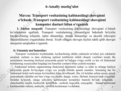 6-amaliy mashg'ulot: transport vositasining kabinasidagi shovqinni o‘lchash — PPTX