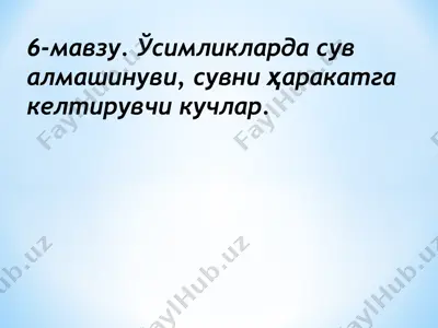 6-мавзу. ўсимликларда сув алмашинуви, сувни ҳаракатга келтирувчи кучлар — PPT