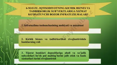 iqtisodiyotning kichik biznes va tadbirkorlik sub’yektlariga xizmat ko‘rsatuvchi bozor infratuzilmalari — PPTX