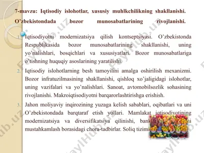 iqtisodiy islohotlar va xususiy mulkchilik shakllanishi. oʻzbekistonda bozor munosabatlarining rivojlanishi — PPTX