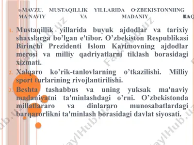 mustaqillik yillarida o‘zbekistonning ma'naviy va madaniy taraqqiyoti — PPTX