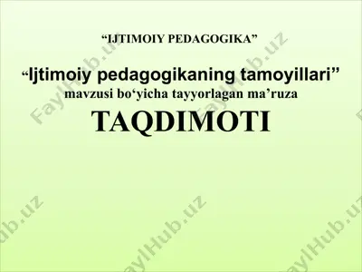 ijtimoiy pedagogikaning tamoyillari mavzusida tayyorlangan ma’ruza taqdimoti — PPTX